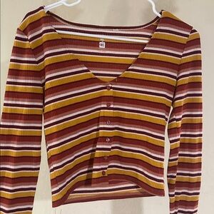 Striped V-Neck Cropped Button-Up Top